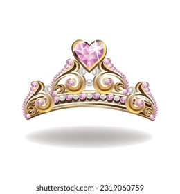 Princess crown or tiara with pearls and pink gems in the shape of a heart vector illustration isolated on white background.