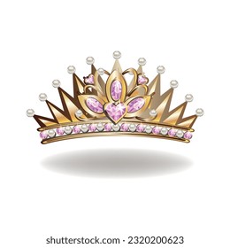 Prinzessenkrone oder Tiara mit Perlen und rosafarbenen Edelsteinen in Form einer Herz-Vektorgrafik einzeln auf weißem Hintergrund.