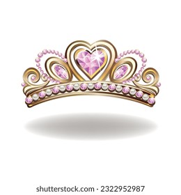 Princess crown or tiara with pearls and pink gems in the shape of a heart vector illustration isolated on white background.