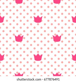 Princess crown vector seamless pattern. Polka dot. Pink  illustration isolated on white background.