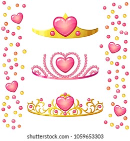 Princess crowns with heart gem isolated on white background. Golden tiaras vecotr icons collection for little girls