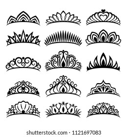 Princess crowns set. Beautiful wedding diadems. Royal style vector illustration.
