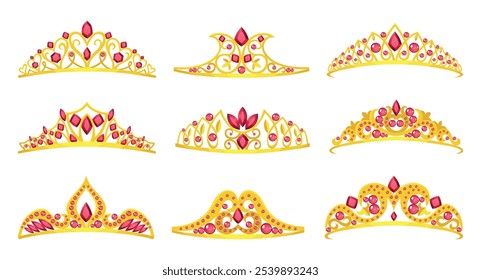 Princess crowns tiara icon set. Beautiful golden jewels with precious stones. Precious head accessory. Headdress in flat design isolated on white background