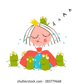 Princess Crying and Many Prince Frogs Colored Drawing. Colorful fun childish hand drawn outline illustration for kids fairy tale.