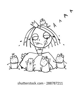 Princess Crying and Many Prince Frogs Coloring Page Outline Drawing. Fun childish hand drawn outline illustration for kids fairy tale
