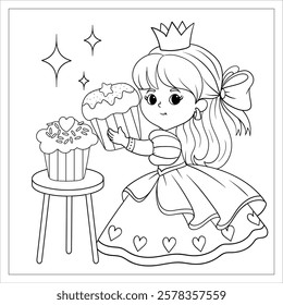 Princess with cupcake coloring page. Sweets coloring book for children.