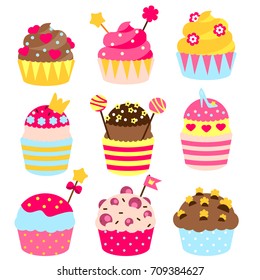 Princess cupcakes decorated with crown, hearts, sweets. Bakery in pink, yellow colors. Birthday Party pastry food for girls. Isolated design elements for scrapbook, stickers, greeting cards, kids menu