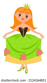 Princess curtsey. Lovely red hair girl in flower dress