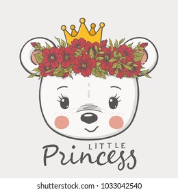 Princess. Cute bear girl with crown, floral wreath