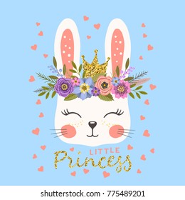 Princess. Cute bunny with crown and floral wreath