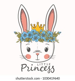 Princess. Cute bunny girl with crown, floral wreath