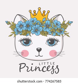 Princess. Cute cat girl with crown and floral wreath