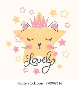 Princess. Cute cat, star, crown. For t-shirt and other uses