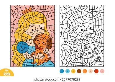 Princess and cute dog. Color by number, education game for children