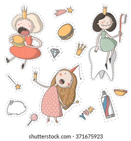 princess cute funny icon set with cartoon characters