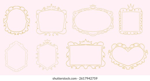 Princess cute pink frame sketch with crown swirl decorations. Simple doodle hand drawn border. Whimsical elegant vintage.