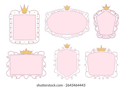 Princess cute pink frame sketch with crown swirl decorations. Simple doodle hand drawn border. Whimsical elegant vintage.