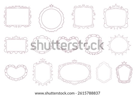 Princess cute pink frame sketch with crown swirl decorations. Simple doodle hand drawn border. Whimsical elegant vintage.