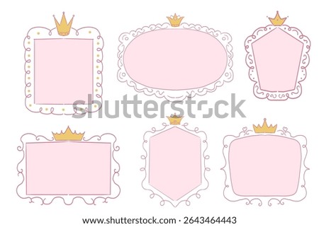 Princess cute pink frame sketch with crown swirl decorations. Simple doodle hand drawn border. Whimsical elegant vintage.