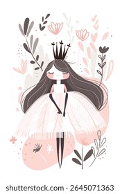 Princess, Cute teenage girl in fancy dress and long hair, flat cartoon vector illustration for print. Print for kids room, t-shirts, minimalistic design.