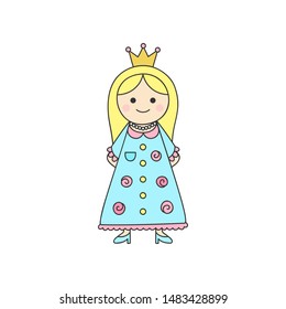 Princess cute vector illustration. Fairy tale, once upon a time, pastel hand drawn little blonde girl with blue and pink rose dress, blue shoes and gold crown on head. Isolated outlined icon, sticker.