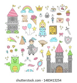 Princess cute vector illustration set. Fairy tale, once upon a time, pastel hand drawn collection. Isolated outlined icons, stickers.