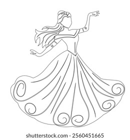 princess dancing outline, sketch on white background, vector