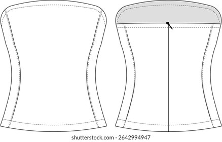princesa darted personalizado sem mangas strapless pescoço zíper bodycon ajuste blusa top bustier modelo técnico desenho plano esboço cad maquete moda mulher design estilo modelo 