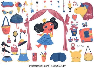 Princess design elements set. Isolated objects on white background. Vector illustration