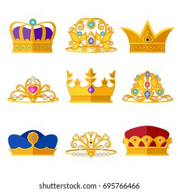 Princess diadems and golden crowns of kings and queens. Vector set isolate on white