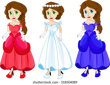 Princess in different beautiful dresses. illustration of a set of princess. Beautiful princess Cinderella in dress. Fashion girls.