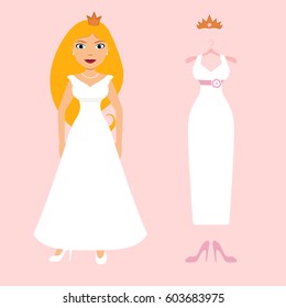 Princess with different costumes. Cartoon blonde girl in white evening gown with wedding design elements. Flat style vector illustration of full body detailed character