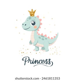 Princess dino card template. Cute dinosaur fairy, baby sweet  poster. Scandinavian style animal, shirt print or sticker. Greeting card