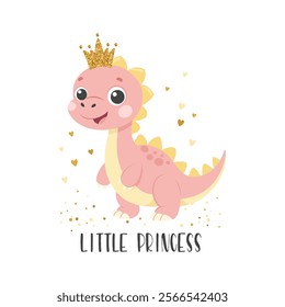 Princess dino card template. Cute dinosaur fairy, baby sweet poster. Scandinavian style animal