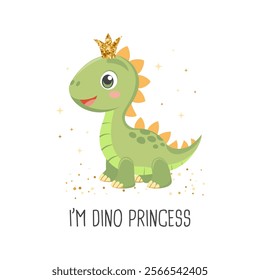 Princess dino card template. Cute dinosaur fairy, baby sweet poster. Scandinavian style animal