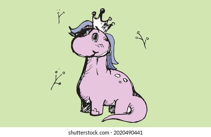 Princess dino print Hand drawn illustration with pink dinorex girl for print, clothes, t-shirts, kids. Bright and fun concept.