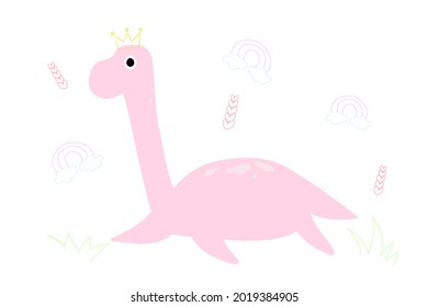 Princess Dinosaur. Cute Dino illustration cartoon design with white background. Rainbow and Clouds and Grass and Leaf Heart. Simple Nursery Art for Baby Girl. Vector EPS10.