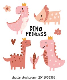 Princess dinosaur poster. Cute pink dino girls. Childish print for nursery, kids apparel, invitation, postcard. Vector Illustration