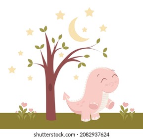 Princess dinosaur poster. Cute pink dino girls. Childish print for nursery, kids apparel, invitation, postcard. Vector illustration EPS10