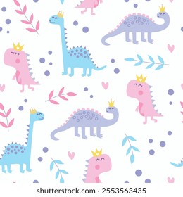 Princess Dinosaurs seamless pattern. Pink and purple design.