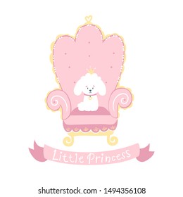 Princess dog white poodle with a crown on a pink throne. Cute vector illustration in pastel colors.