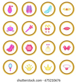 Princess doll icons circle gold in cartoon style isolate on white background vector illustration