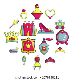 Princess doll icons set. Cartoon illustration of 16 princess doll vector icons for web