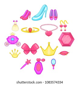 Princess doll icons set. Cartoon illustration of 16 princess doll vector icons for web