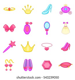 Princess doll icons set. Cartoon illustration of 16 princess doll vector icons for web