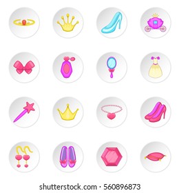 Princess doll icons set. Cartoon illustration of 16 princess doll vector icons for web