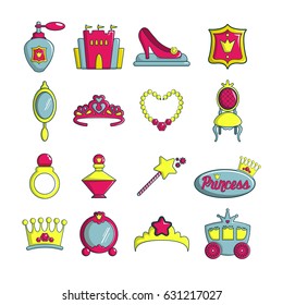 Princess doll icons set. Cartoon illustration of 16 princess doll vector icons for web