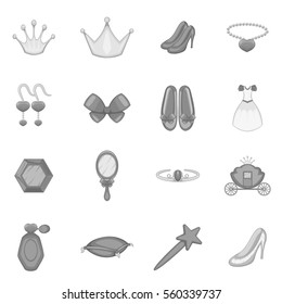 Princess doll icons set in monochrome style isolated on white background