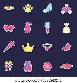 Princess doll icons set stikers collection vector with shadow on purple background