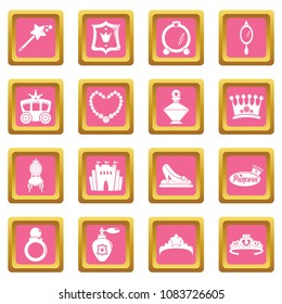 Princess doll icons set vector pink square isolated on white background 